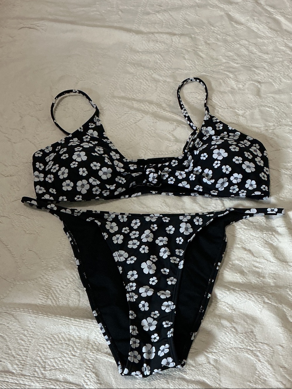 Black Floral Two-Piece Bikini Set - White Flower Print